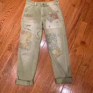 Anthropologie Pilcro Embroidered Patchwork Utility Pants - Olive Green - Size 25